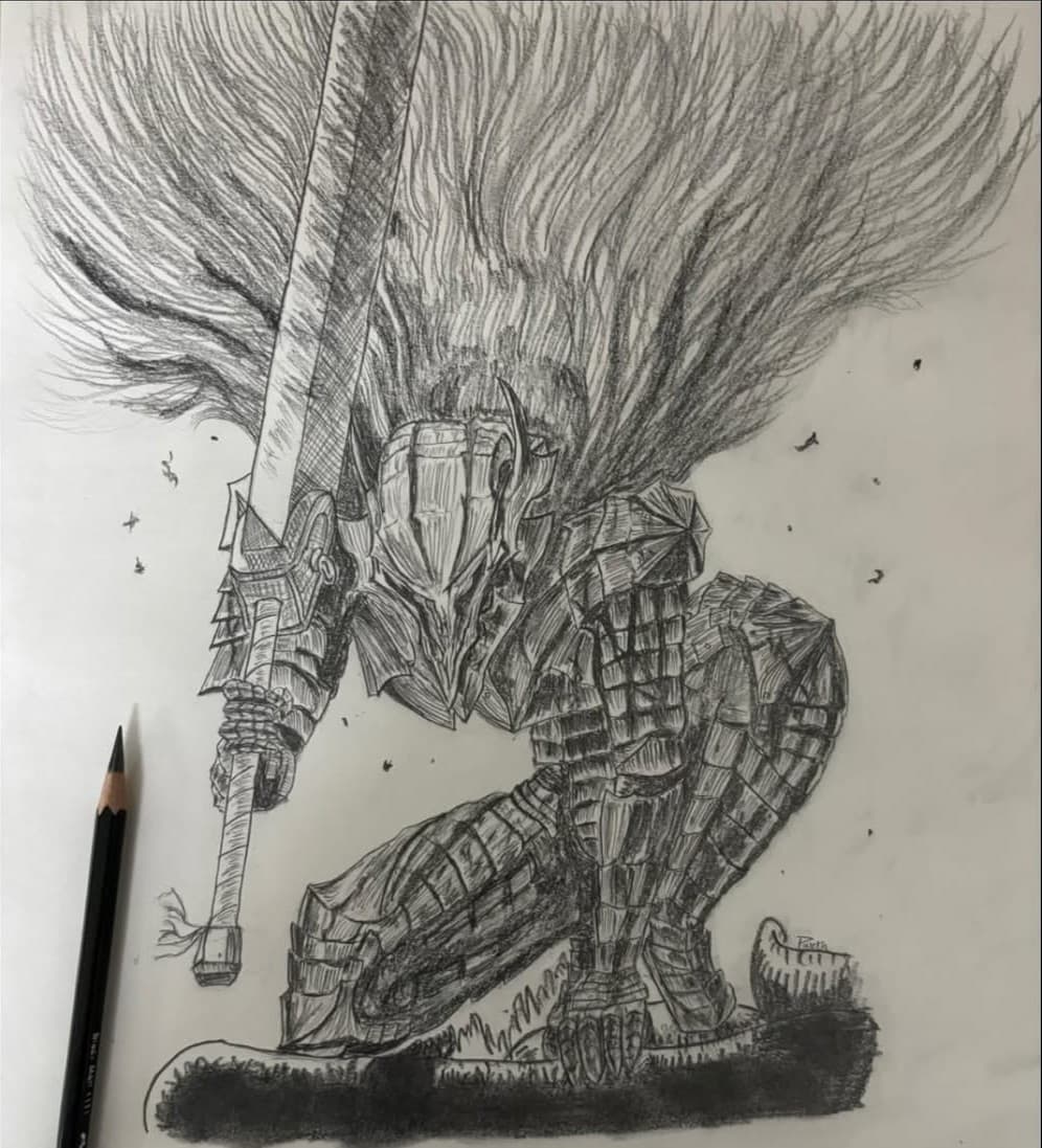 Detailed graphite and ink study of the Berserker Armor.