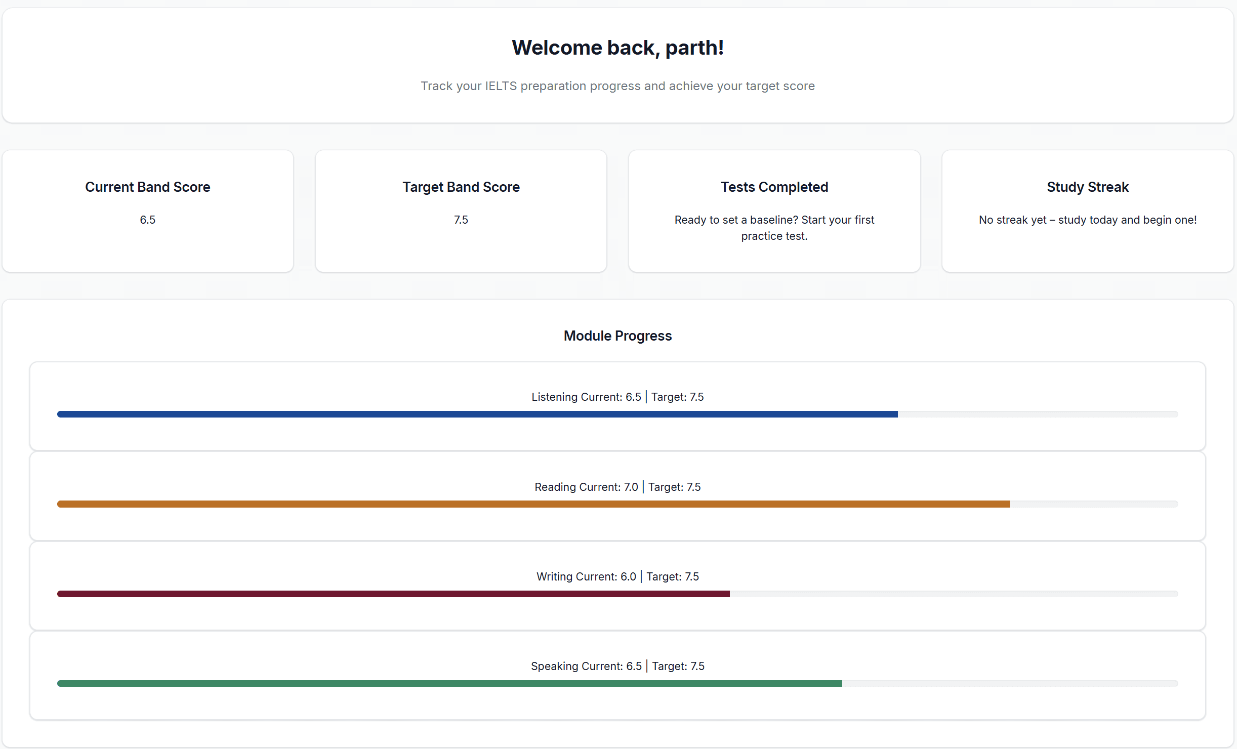 YourEdugator's learner dashboard with band scores and module progress.