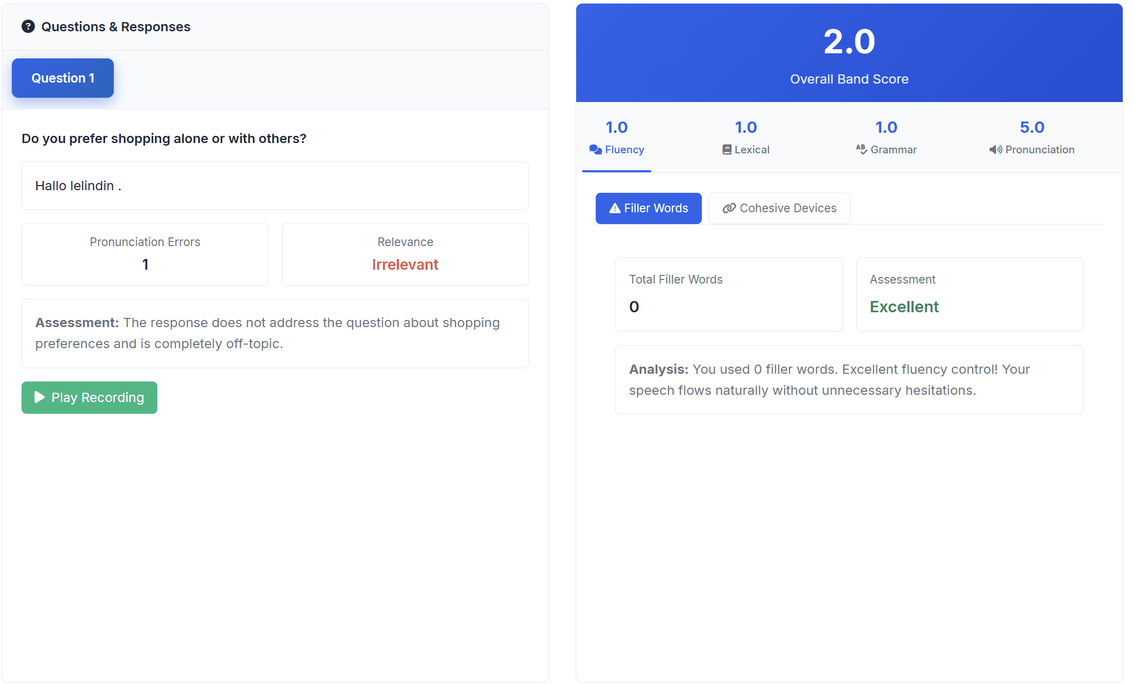 YourEdugator's speaking assessment results interface.