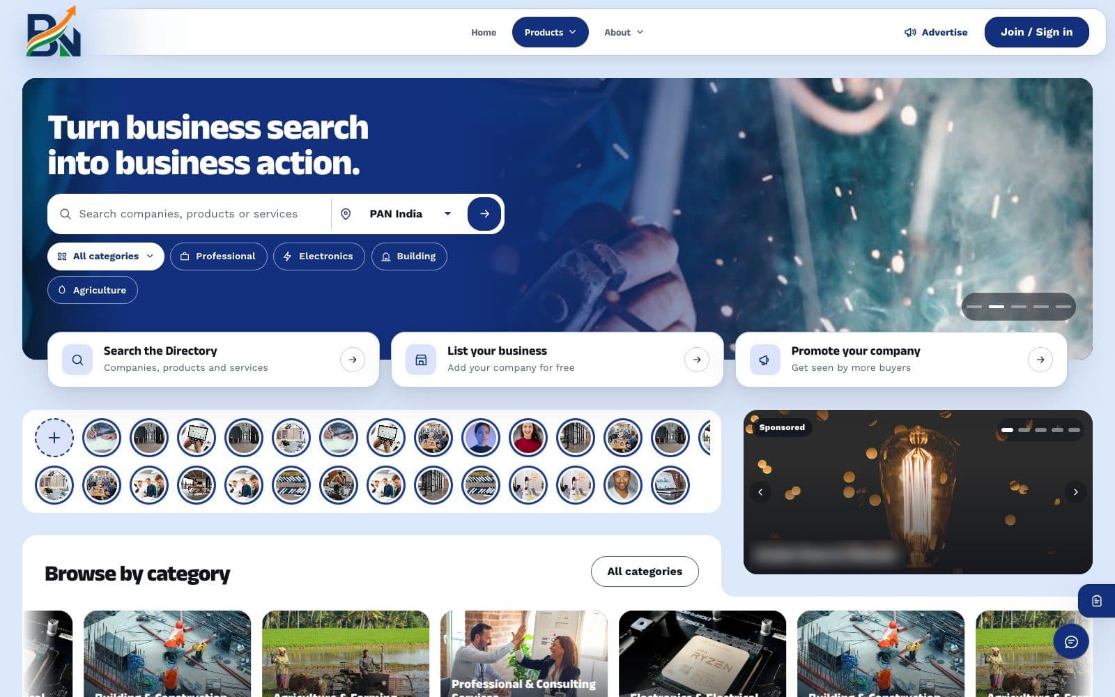 Bharat Navya Directory home with search, category shortcuts and a sponsored listing.
