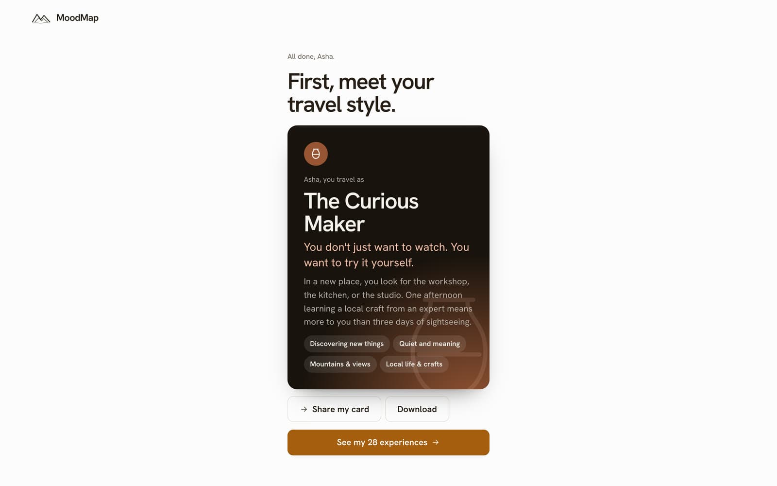 The travel style card: The Curious Maker, with a short description and tags.