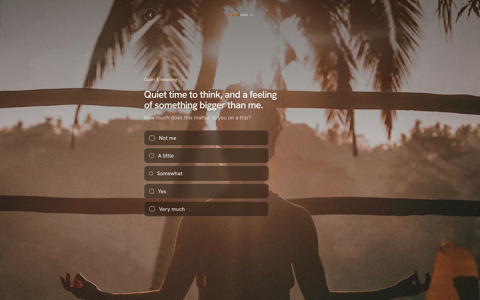 A MoodMap quiz question about travel purpose, set over a full-screen photo.
