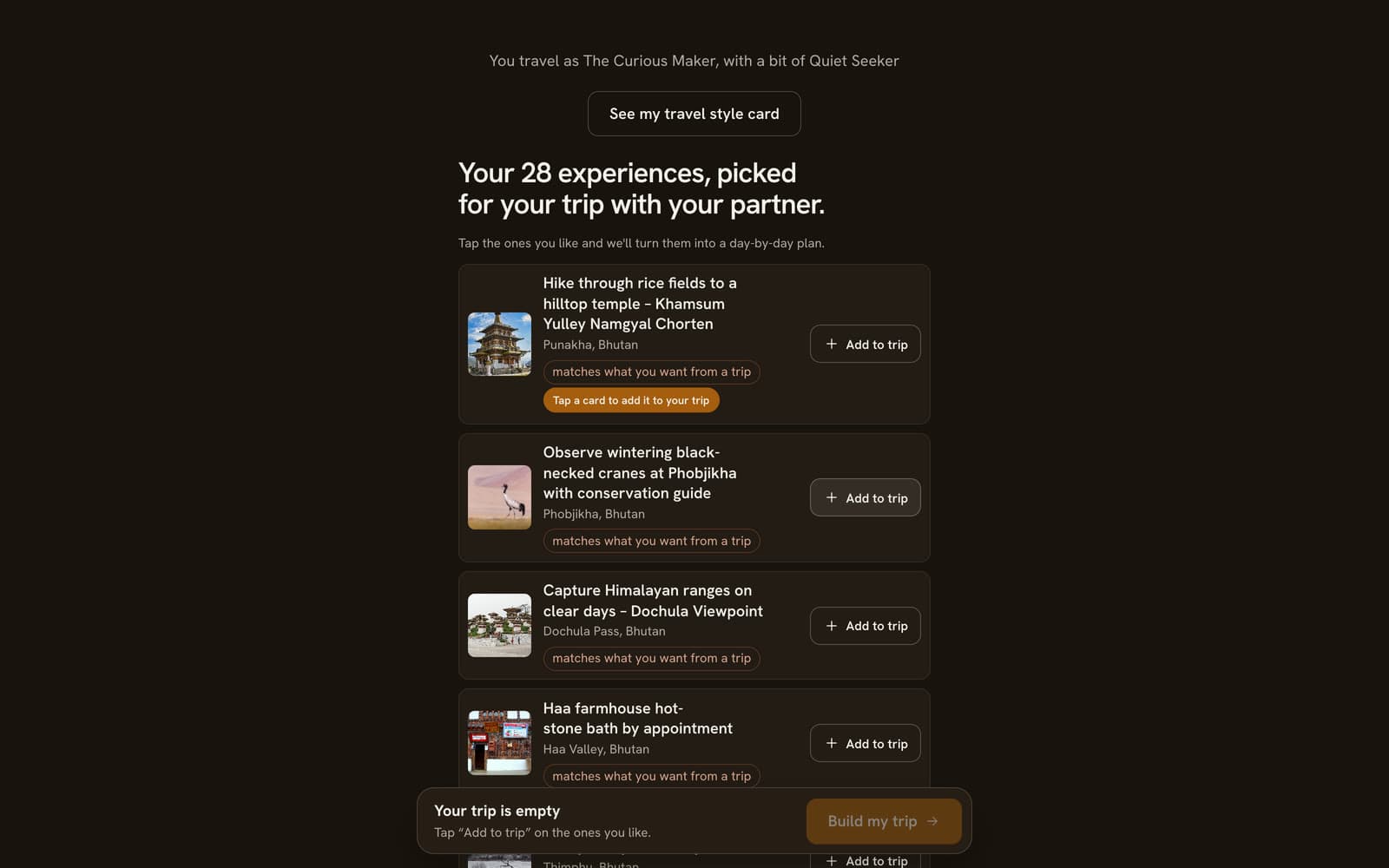 28 matched experiences in Bhutan, each with a photo, place and Add to trip button.